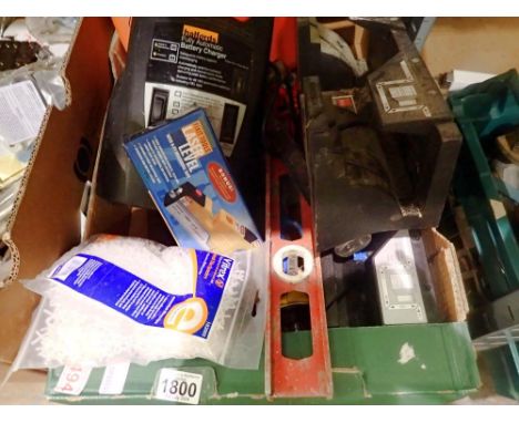 Quantity of assorted tools and ACC, to include a Halfrods battery charger, laser level, mitre boxes etc. Not available for in