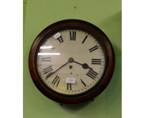 A Victorian mahogany circular wall clock, single train movement, pendulum and winder; together with a brass ship's clock, ena