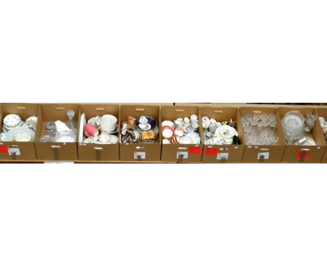 Nine boxes of assorted ceramics and glass, including Staffordshire spill vase, drinking glasses, Poole pottery dolphin, Spode