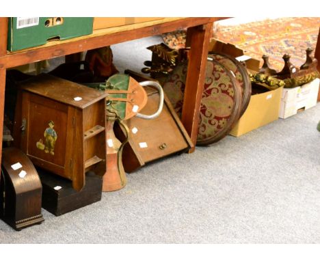 Tobacco cabinet, coal bucket, shooting stick, stool and a box of wood etc 