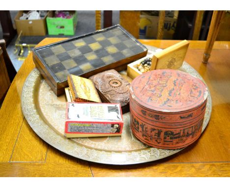 Large charger, Chinese lacquer box, chess set etc 