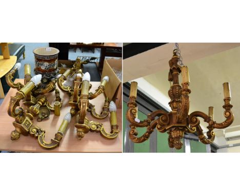 A reproduction six light chandelier, a set of six similar similar wall sconces, a Doulton Lambeth water filter and a French f