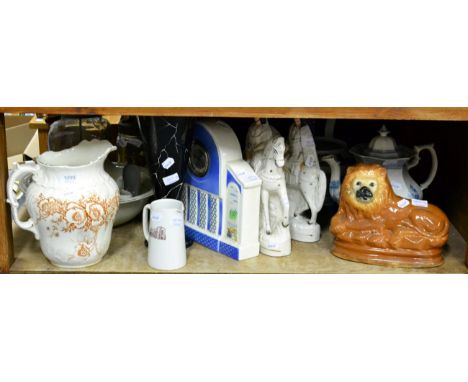 Two butter churns, enamel jug and bowl, black art deco vase, clock, Staffordshire, two large kettles, Spode 