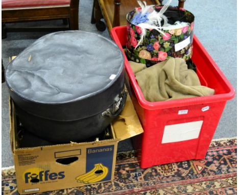 A 1950's patchwork quilt; crochet cream throw; quantity of 20th century hats including a bowler hat; oddments of fur; quantit