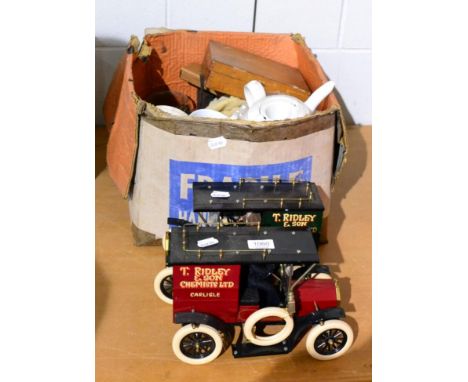 A group of apothecary/laboratory items including jars and two advertising model cars