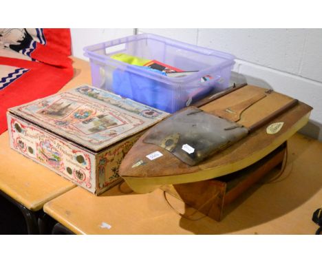 Assorted collectables including a model boat; signed photograph, Harry Weldon, dated 1927, tin plate cars, pathescope films e