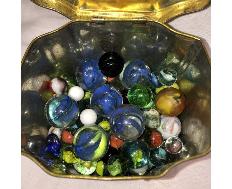 ENAMEL TIN OF VINTAGE GLASS MARBLES
