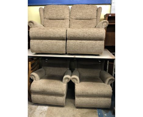 BROWN OATMEAL RECLINING ARMCHAIRS AND TWO SEATER SOFA