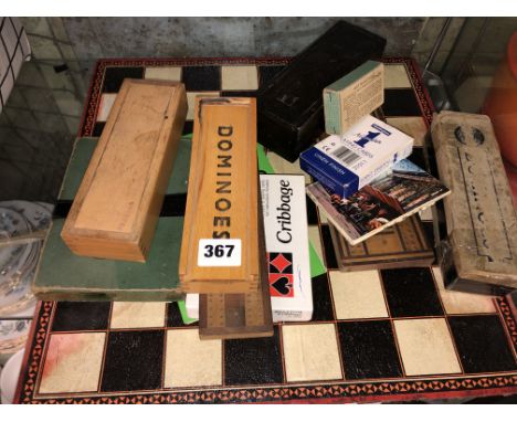 CHEQUERS  BOARD, CRIBBAGE BOARD, VARIOUS SETS OF DOMINOES AND PLAYING CARDS