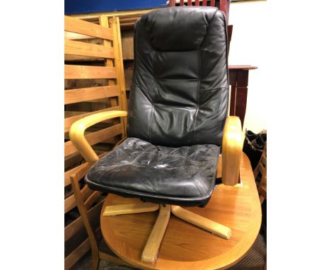 BEECH AND BLACK LEATHER SWIVEL ARMCHAIR AND MATCHING STOOL 