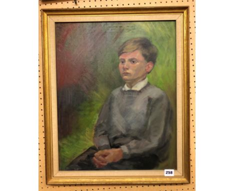 OILS ON BOARD PORTRAIT OF SEATED BOY FRAMED 39CM X 49CM