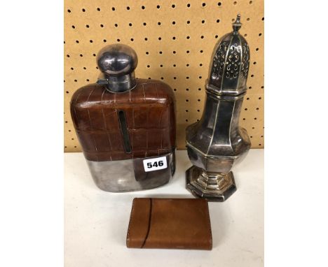 EPNS AND LEATHER LARGE TRAVELLING FLASK, AN OCTAGONAL PANELLED LIGHTHOUSE SIFTER AND A LEATHER POUCH