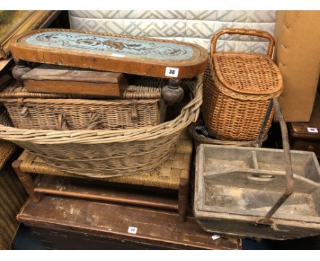 SELECTION OF WICKERWORK BASKETS, RAFFIA STRUNG STOOL AND VICTORIAN BEADWORK OVAL BASE