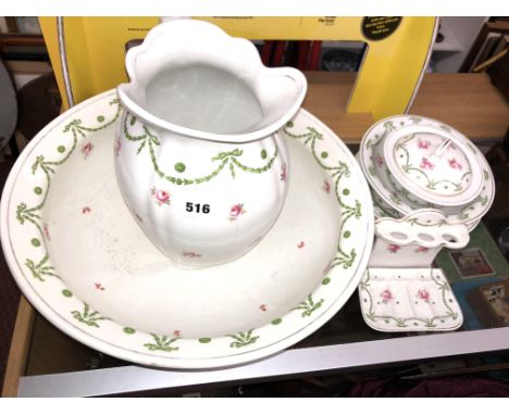 STAFFORDSHIRE RED ROSE AND LAUREL SWAG WASH BASIN AND JUG SET