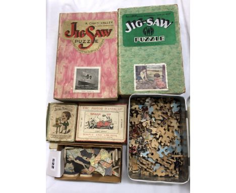 TWO VINTAGE CHAD VALLEY JIGSAW PUZZLES - RNS CORONIA, ONE ENTITLED GWR, TWO OTHERS AND A SET OF JOVIAL FAMILIES CARDS AND THE