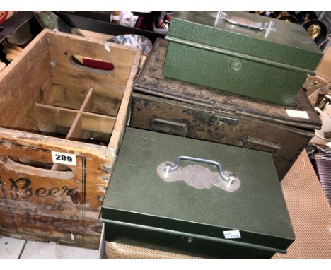 VINTAGE BEER AT HOME CRATE, TWO ENAMEL TINS AND AN ORIS ALARM CLOCK 