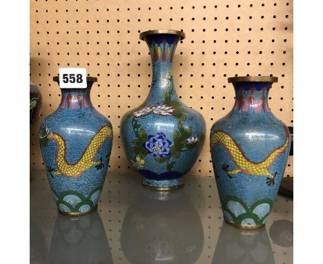 CLOISSONNE ENAMEL THREE VASE GARNITURE DECORATED WITH DRAGONS AND FLAMING PEARL