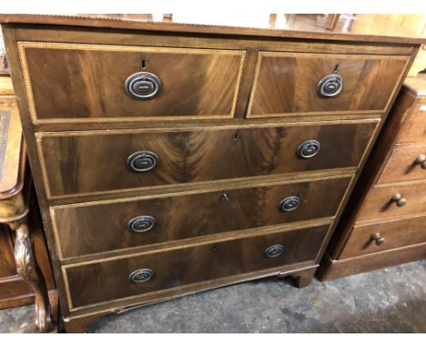 EDWARDIAN MAHOGANY CROSSBANDED AND CHEVRON STRUNG TWO OVER THREE DRAWER CHEST ON BRACKET FEET (HEIGHT= 110CM, DEPTH= 53CM, WI