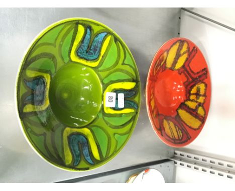 A Poole Pottery Delphis footed bowl, shape 77, decorated in an abstract design in tones of green, yellow and blue together wi