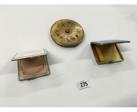 Two Silver and geoche enamel engine turned cased compacts together with a gold plated circular compact (208g)