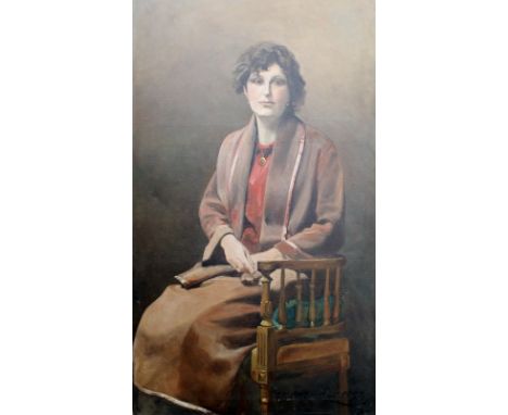 Mallord: a portrait of a lady in a brown suit, oil on canvas, signed and dated 20 November 1934 lower right, 77 by 132cm.