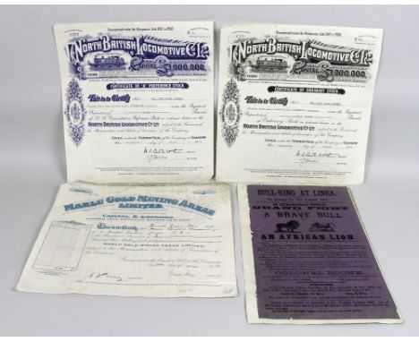 A group of share certificates, including two North British Locomotive Co. Ltd. share certificates, together with a poster for