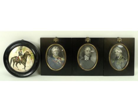 A ceramic pot lid, 19th century, of a Hussar on horseback, framed, 15cm, and a group of three portrait miniature prints of Ol