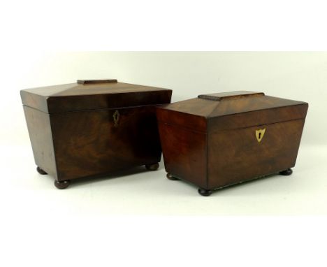 A mahogany tea caddy, 19th century, twin division, of sarcophagus form raised on flattened bun feet, 23 by 15 by 16cm, and an