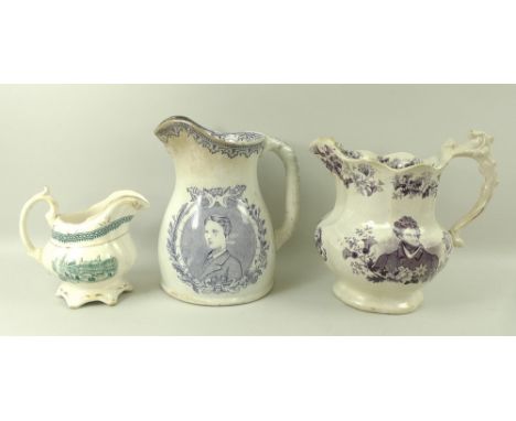A Staffordshire pottery commemorative jug for Queen Victoria and Prince Albert, circa 1840, printed in green with portrait of