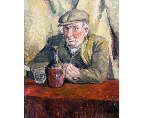 A portrait of a gentleman in a flat cap, drinking at a bar, 60 by 50cm, together with a portrait of a gentleman in an overcoa