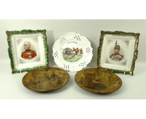 A collection of commemorative Boer war plates, comprising a rectangular wall plaque depicting Field Marshal Frederick Sleigh 