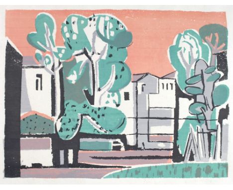 Ernst Schumacher (German, 1905-1963): a townscape of houses and trees, with an apricot sky, a three colour block print, signe