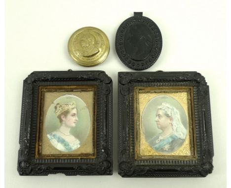 A pair of chromo-lithograph miniatures of Victoria, dated 1837 and 18397, in moulded jet and gilt frames, 0 by 8.5cm, a jet p