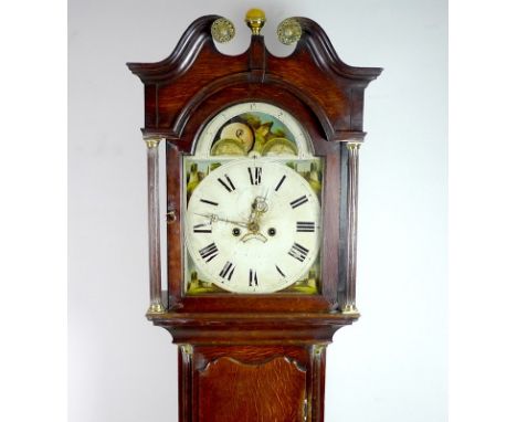 A George III oak cased long case clock, white dial with painted scenes to the corner, eight day movement, striking on a bell,