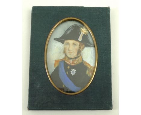 A miniature portrait, 19th century, oil on panel, of a 18th century naval officer wearing a bicorn hat, with blue eyes and si