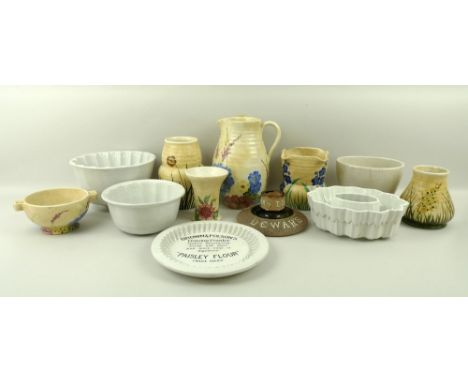 A group of ceramics comprising a Radfod jug and bowl, decorated with blue hydrangeas, four further Radford vases and bowls, a