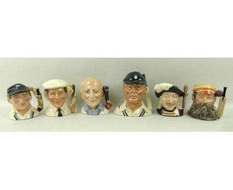 A group of six Royal Doulton character mugs, comprising four limited edition Cricketer mugs, modelled by Stanley James Taylor