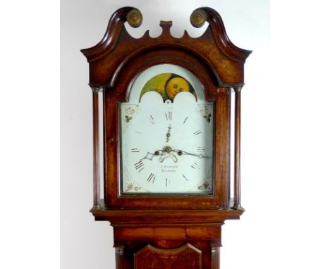 A George III oak cased long case clock, white painted dial, signed J. Richmond, Bradford, eight day movement with moon and da