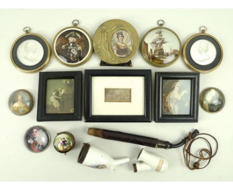 A miniature print of the Coronation of Queen Victoria 1838, 2.5 by 5cm, and a collection of miniature prints including bulls 