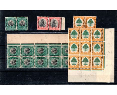 SOUTH AFRICA */** 1929-1931 Officials Typo issue mint set of 3 plus unmounted mint ½d black &amp; green South East corner blo