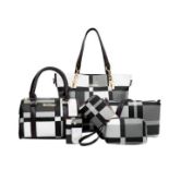 6Pcs Set Large Capacity Checkered Pattern Shoulder Bag With Simple Handbag, Crossbody Bag, Clutch...