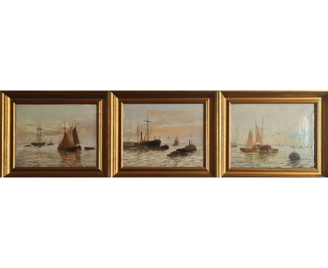 Three Edward Henry Eugene Fletcher 1857-1945 oil on canvas boats in harbour. 22cm-17cm.