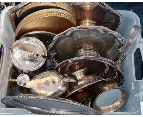 A collection of silver plate to include, trays, ladle, jugs, candle holders, basket style bon bon dish