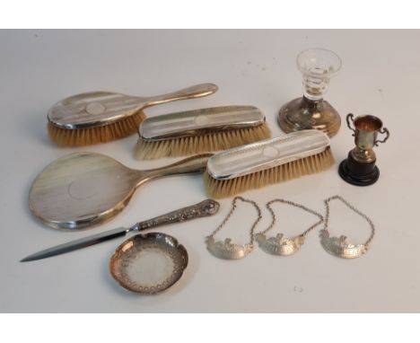 A collection of silverware some hallmarked, to include a dressing table set of a hand mirror, hairbrush, two clothes brushes,