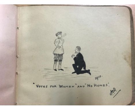 A pocket autograph album dating from 1910 to 1915, containing sketches (notably "Votes for Women and No Homes", pen and ink, 