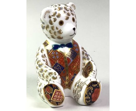 ROYAL CROWN DERBY PAPERWEIGHT OF SCHOOLBOY TEDDY, ALONG WITH OTHER ITEMS  comprising two further Royal Crown Derby paperweigh