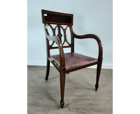 INLAID MAHOGANY ARMCHAIR, AND OTHER ITEMS  the armchair with burgundy leather seat, along with a small sofa table, magazine r