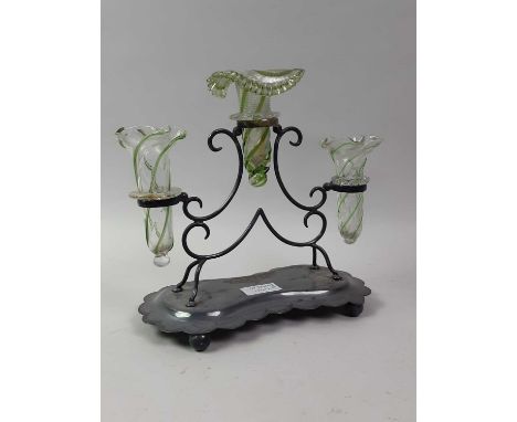 LATE VICTORIAN SILVER PLATED TABLE FLOWER EPERGNE, with clear and green glass inserts, along with a white metal table epergne