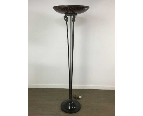 ARTS & CRAFTS STYLE FLOOR LAMP, the circular acrylic shade on horse head supports 178cm high