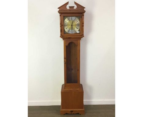 MODERN PINE GRANDMOTHER CLOCK, AND A SMALL MAHOGANY SOFA TABLE  the clock with brass facethe clock 177cm highQty: 2